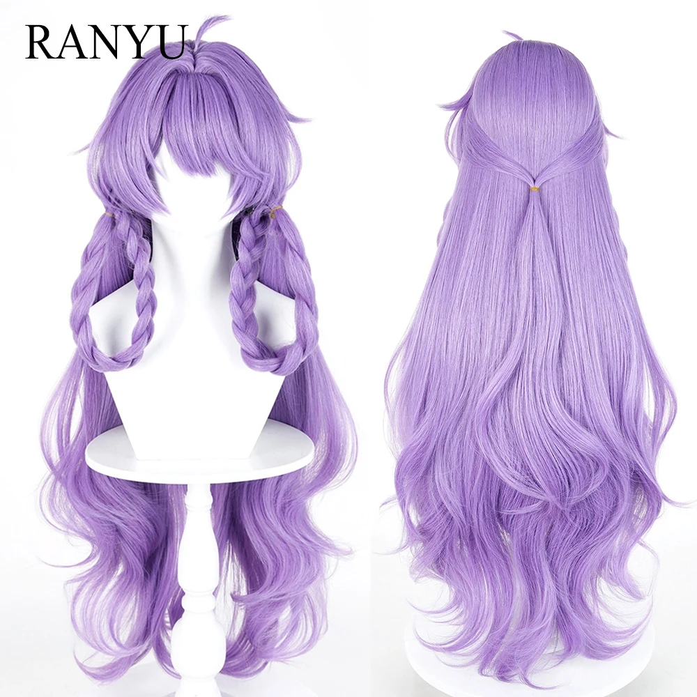 Purple Synthetic Long Wavy Braided Wigs with Bangs Anime Game Cosplay Wig Heat Resistant for Daily Party