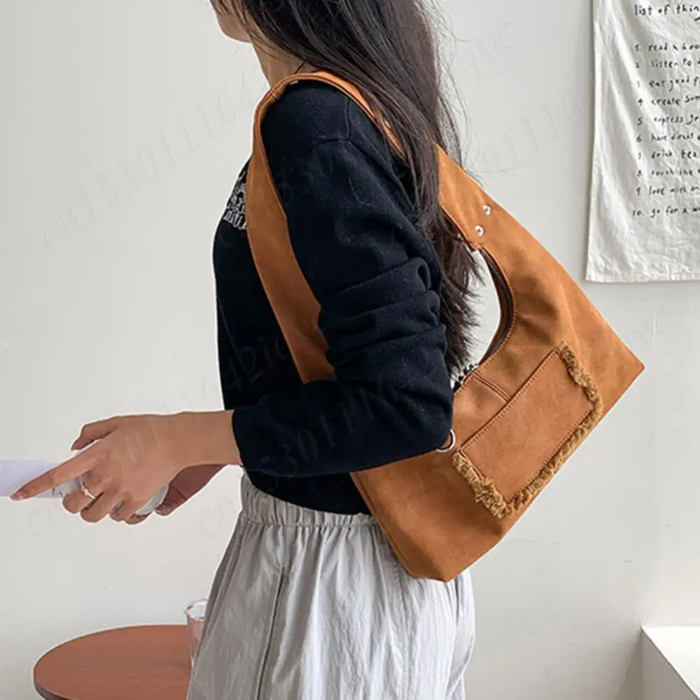 Women Suede Shoulder Bag Underarm Bag with Double Zipper Tote Bag Solid Adjustable Strap Handbag Clutch Purse for Work Travel