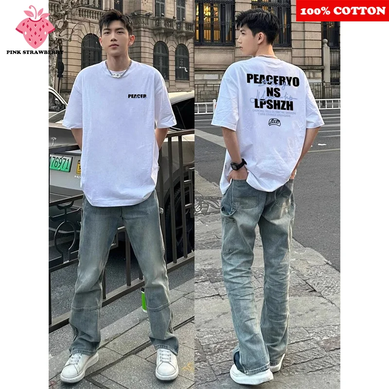

American Hip hop Letter Print T-shirt Men Summer 2025 New 100% Cotton Short sleeves Street Gym Sport Tee Y2k Top mens clothing