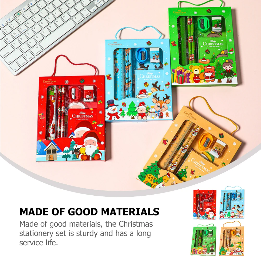 

4 Sets Christmas Stationery Gift Boxes Red Yellow Green Blue Cartoon Pens Smooth Writing Student Office Supplies