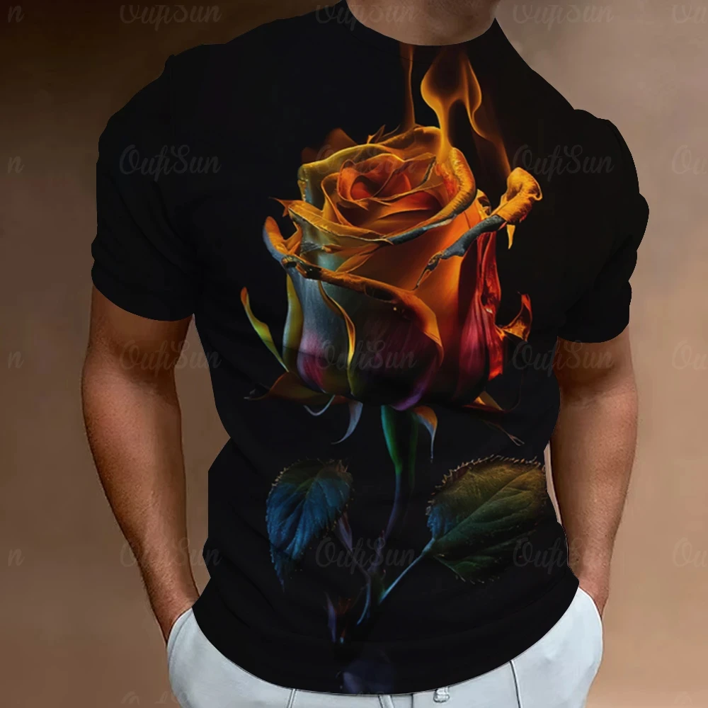 Dark Rose Print 3D Polyester Fire Flower Shirt Good Quailty Designed Artist Favorite Tough Guy Tenderness Men Unisex Top Wear