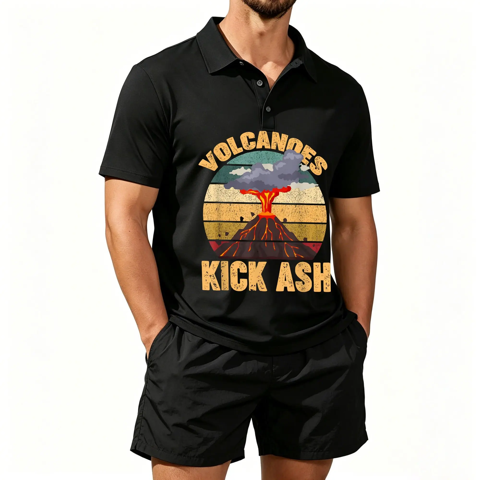 Men's Short-Sleeved Polo Shirt Set with a Volcanic Eruption Panoramic Art Print, Suitable for Everyday Wear and Outdoor Activities. The Fabric Is Breathable and Skin-Friendly and Can Be Machine Washed.