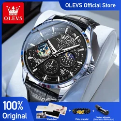 OLEVS Men's Watches Multifunctional Original Quartz Wristwatch Waterproof Leather Luminous Watch for Man Chronograph Moon Phase