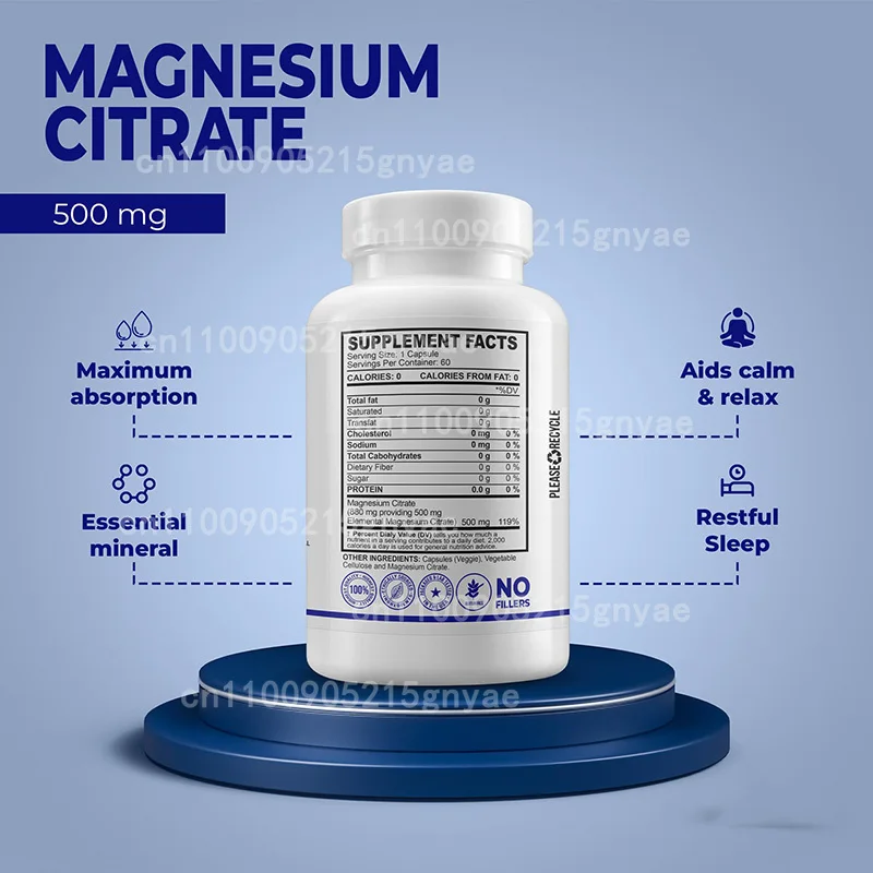 

Magnesium Citrate Complex 500mg -60 Capsules for Muscle Relaxation, Energy Support, Bone and Heart Health