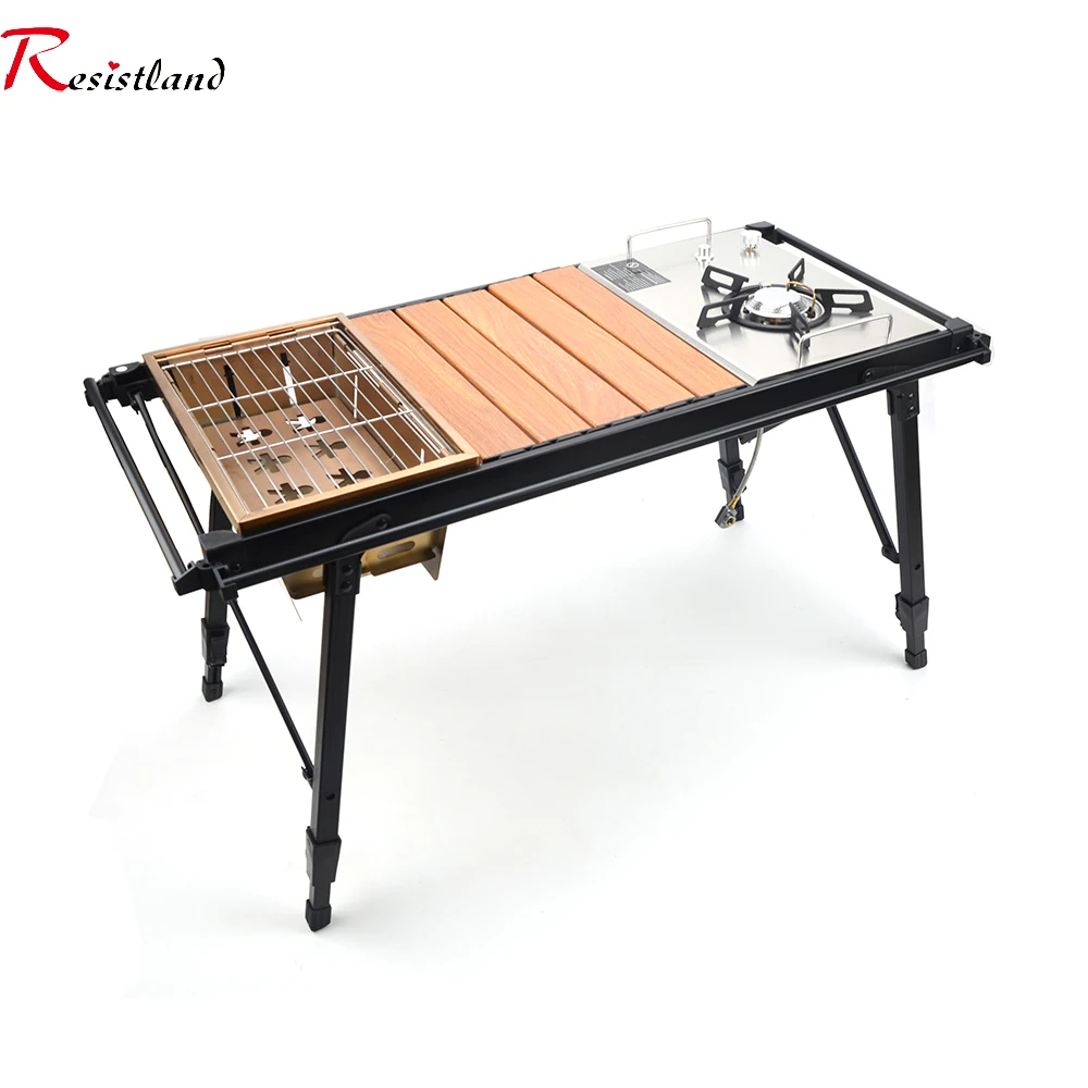 Mesa plegable de madera IGT extraíble para acampar, estufa de Gas, portátil, ligera, parrilla de barbacoa, mesa de Picnic al aire libre, mesa de