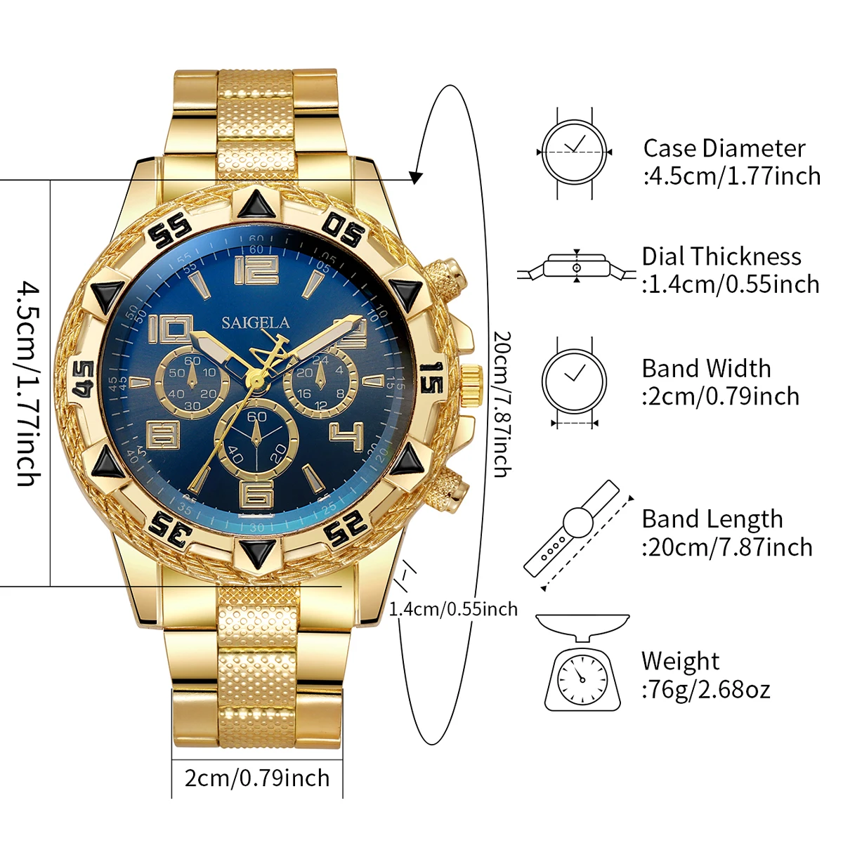 4PCS/Set Fashion Men\'s Watch Casual Gold Steel Band Analog Male Quartz Watches Jewelry Set（Without Box）