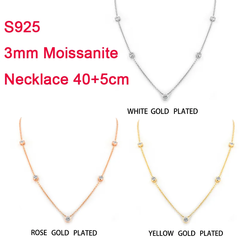 Moissanite Necklace S925 White Gold Plated Yellow Gold Plated Rose Gold Plated  3mm H&A Cut Bezel Set Necklaces Jewelry Gift