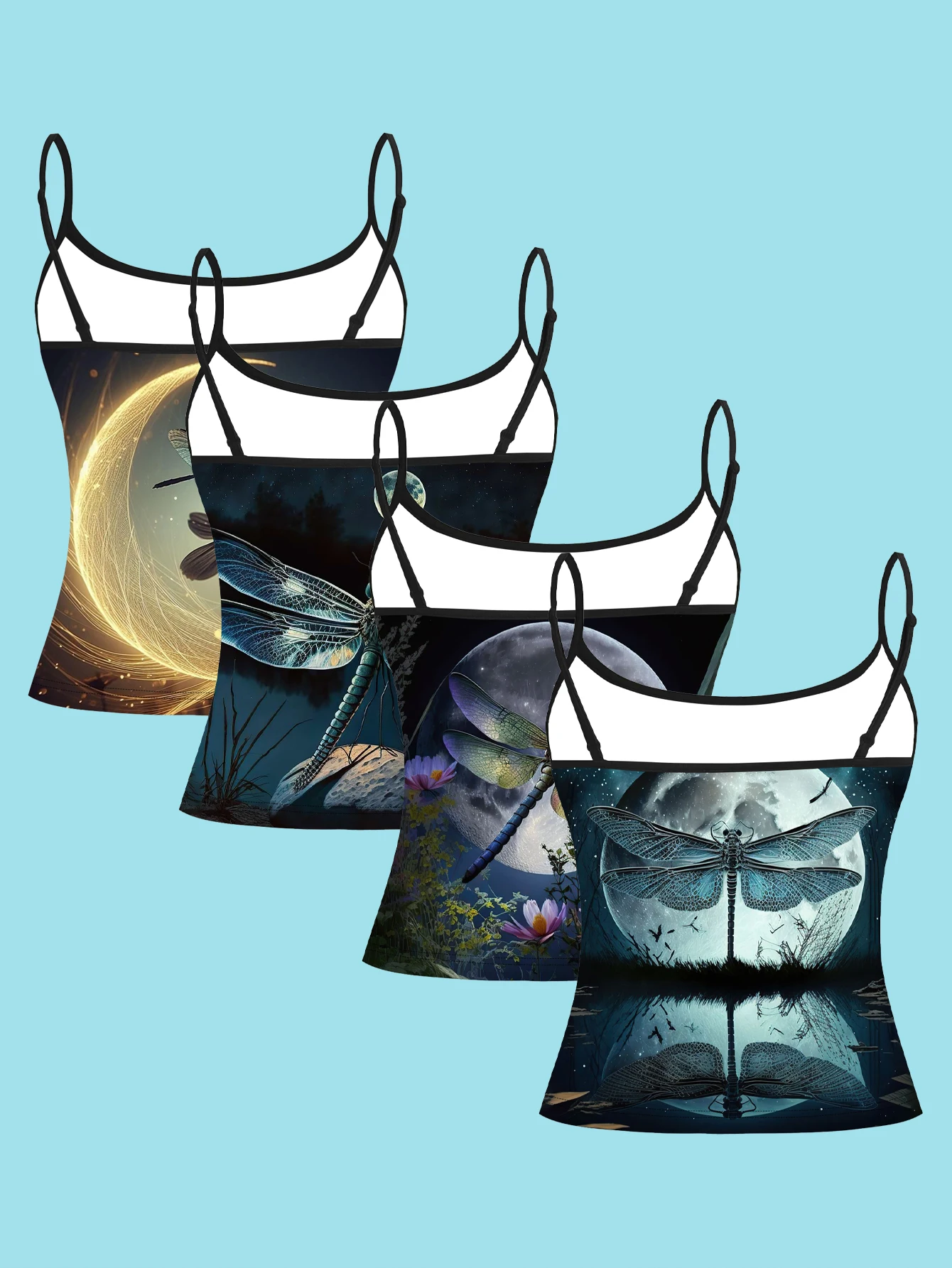 4-Piece Set of Women's Spaghetti Strap Camisoles with Full Print of Night Moon, Dragonflies, Starry Sky, Flowers, and Plants, Slim-Fit Sleeveless Tops, Mysterious Forest Style Bohemian Outerwear and Inner Layering Shirts