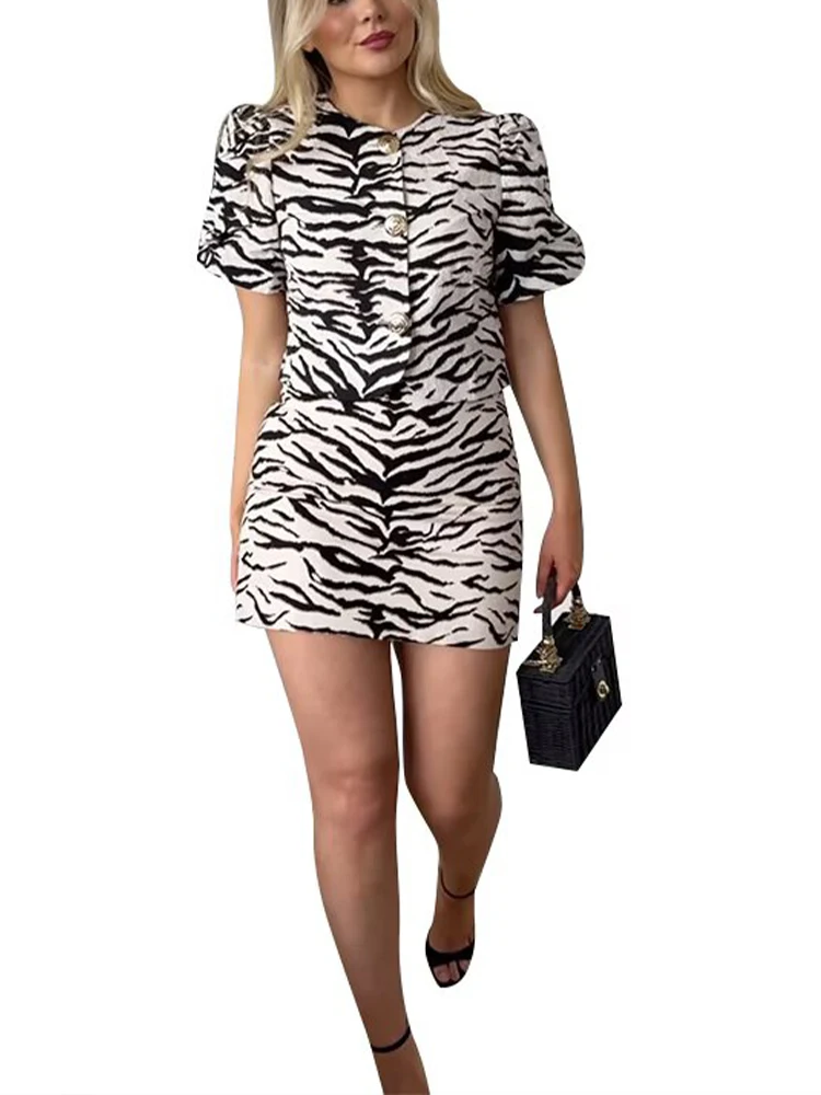 

European and American style women's clothing Zebra pattern round neck short puff sleeve top mini skirt casual suit