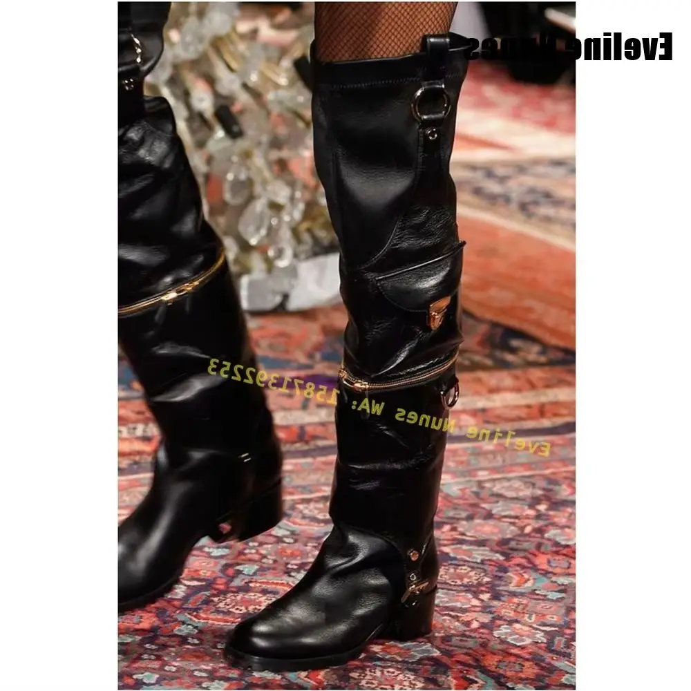 Сапоги выше колена с карманом и молнией, круглый носок, квадратный каблук, пряжка на ремне, без шнуровки, женская модная обувь для подиума, показ 2025 Сапоги выше колена с карманом и молнией, круглый носок, квадратный каблук, пряжка на ремне, без шнуровки, женская модная обувь для подиума, показ 2025