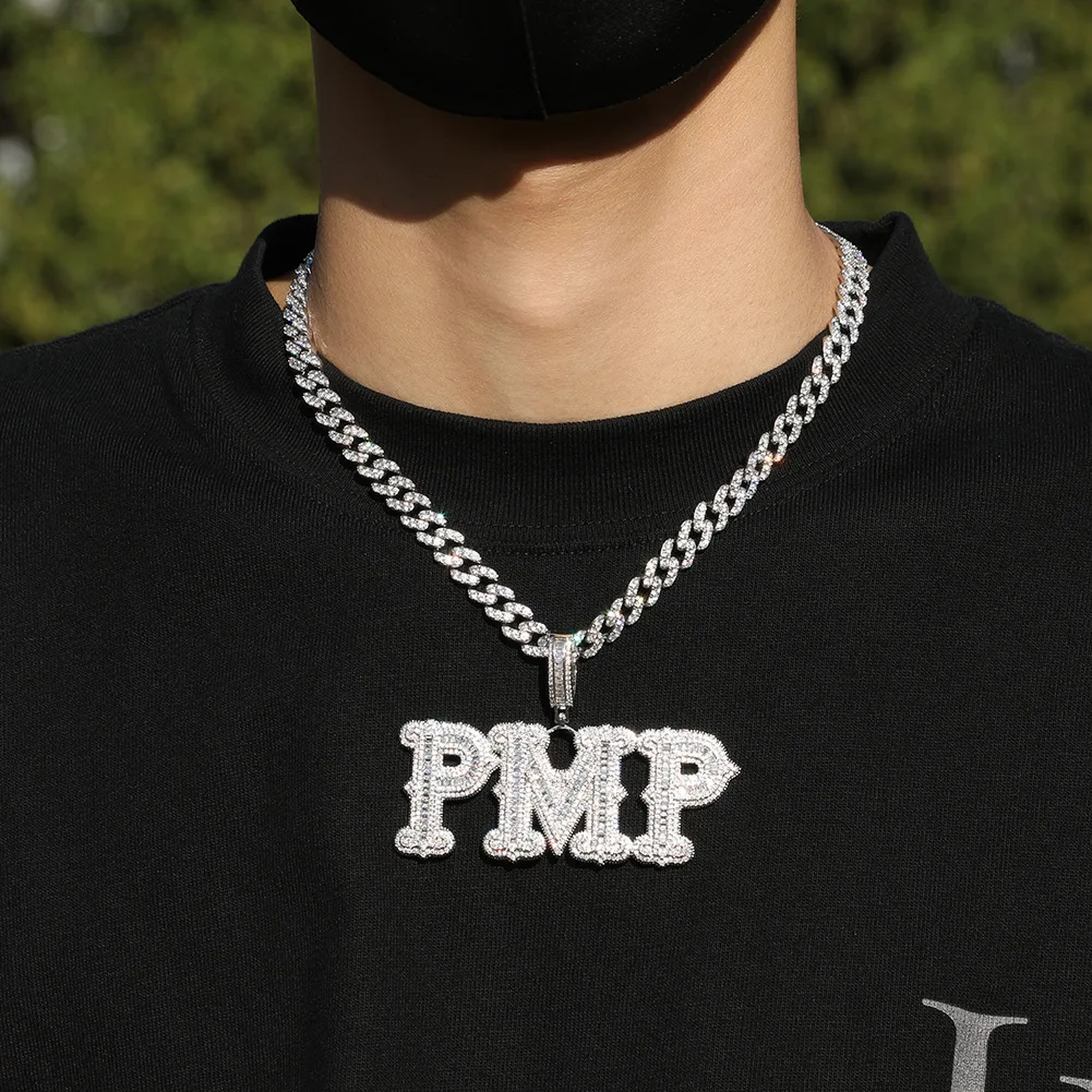 

Customized Name Chain Necklaces Iced Out BaguetteCZ Cubic Zirconia Number Letter Pendant Necklace Hip Hop Punk Jewelry For Gift