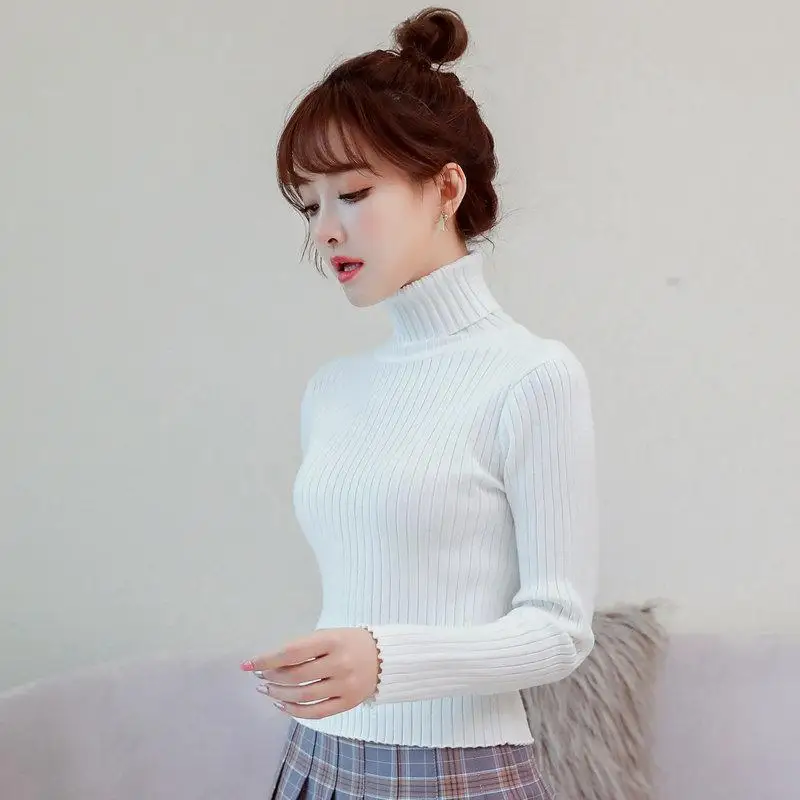 سترة نسائية محبوكة بياقة عالية وقصة ضيقة، تصميم قصير دافئ كطبقة أساسية للخريف والشتاء، مقاس صغير للطالبات #1