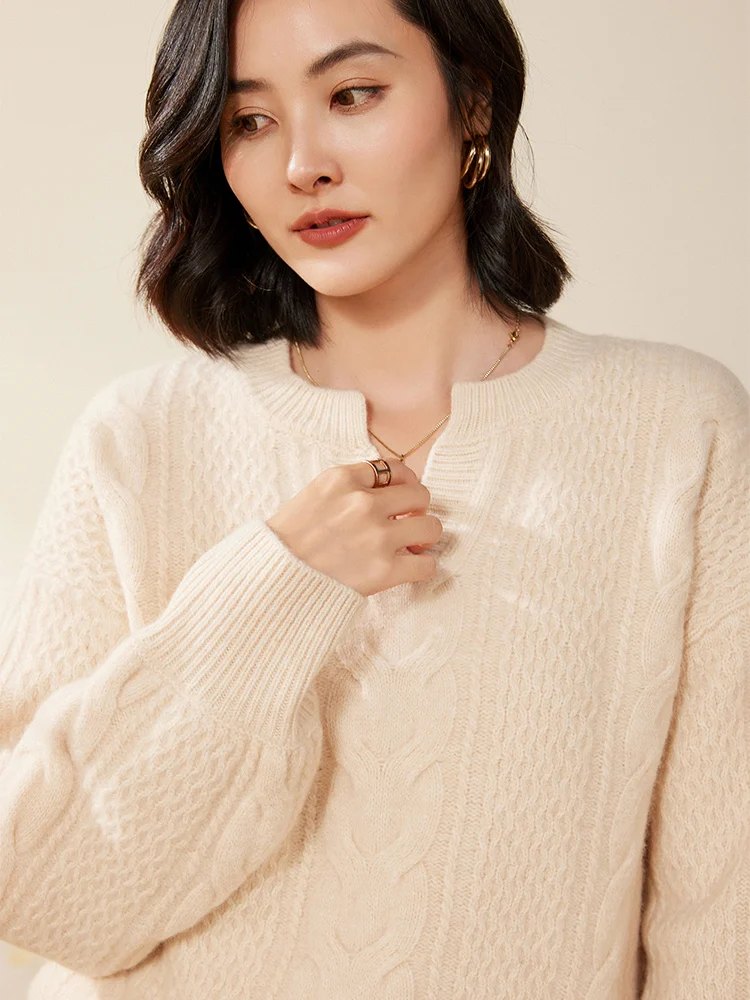 Effortless Woman 100% Merino Wool Autumn Winter Sweater Henley Pullover Cashmere Knitwear Long Sleeve Relaxed Cable Knit Tops