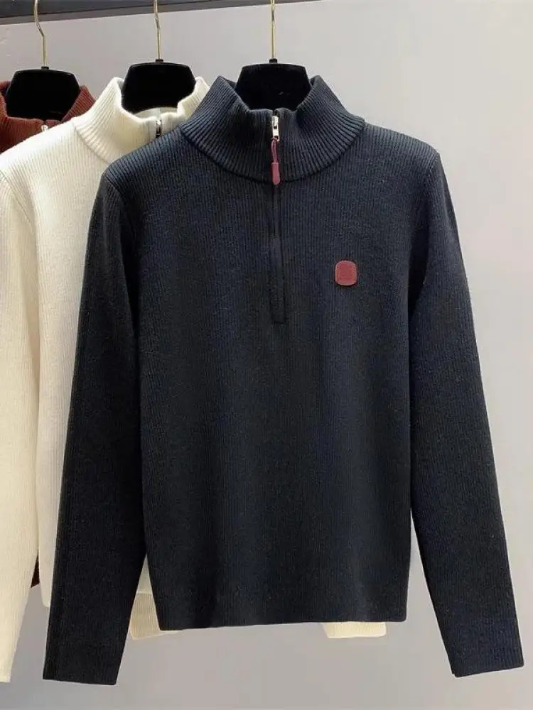 

Корейский женский однотонный бархатный пуловер на молнии с высоким воротником, вязаные топы, простой осенне-зимний праздничный свитер с длинными рукавами, модный