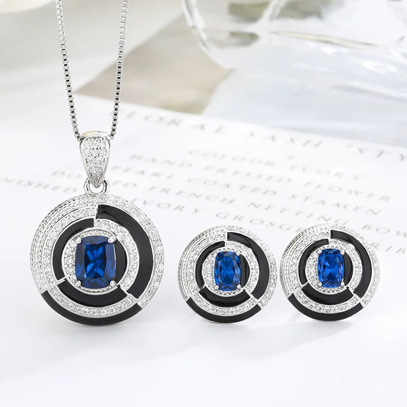 

Sapphire Blue Rectangular Gem Jewelry Black Enamel Circle CZ Crystals Elegant Pendant Earrings for Women's Party Wedding Gift