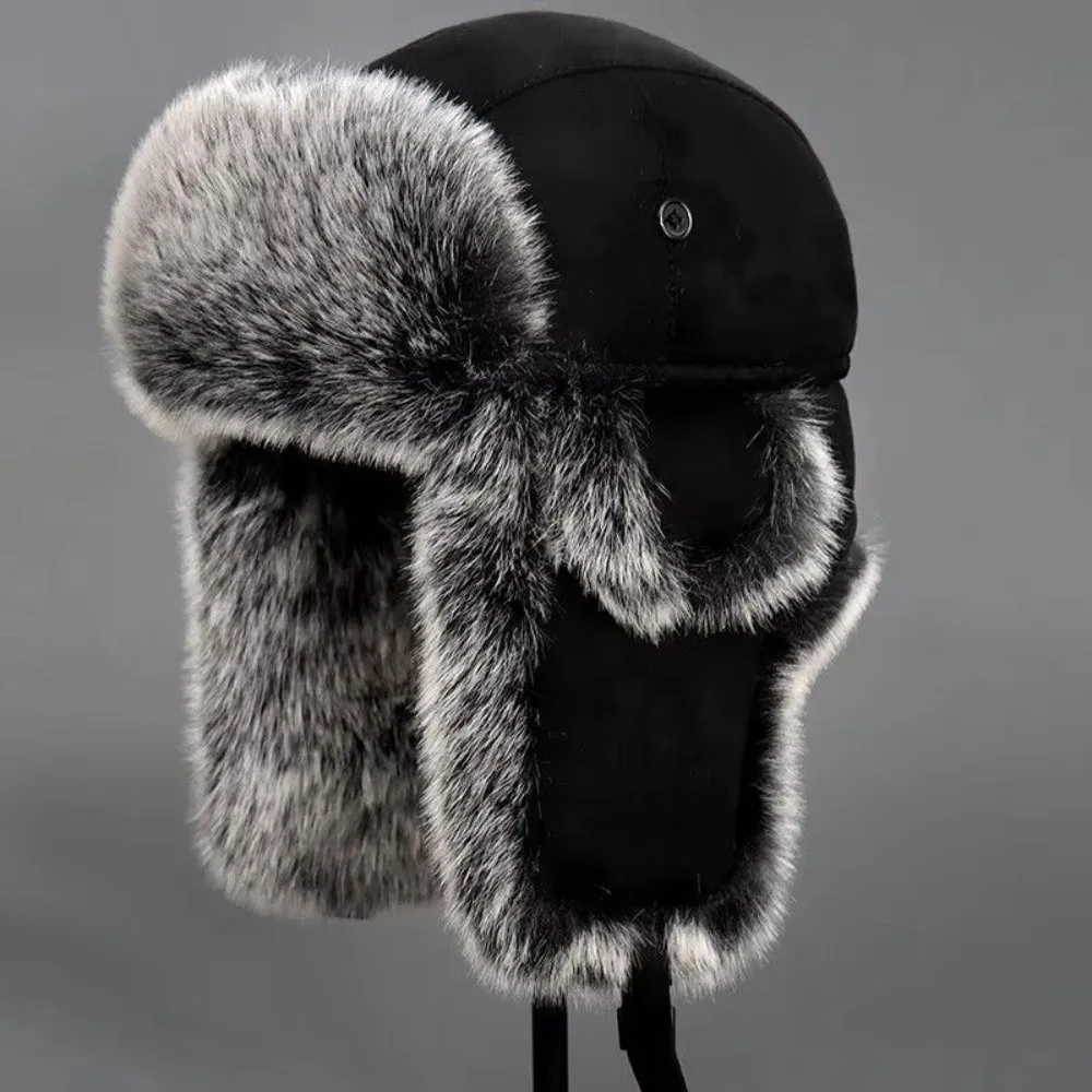Casual Suede Fabric Men Lei Feng Hat Imitation Fur Thick Ear Protection Hat Plush Fleece-Lined Cold-Proof Hat Skiing