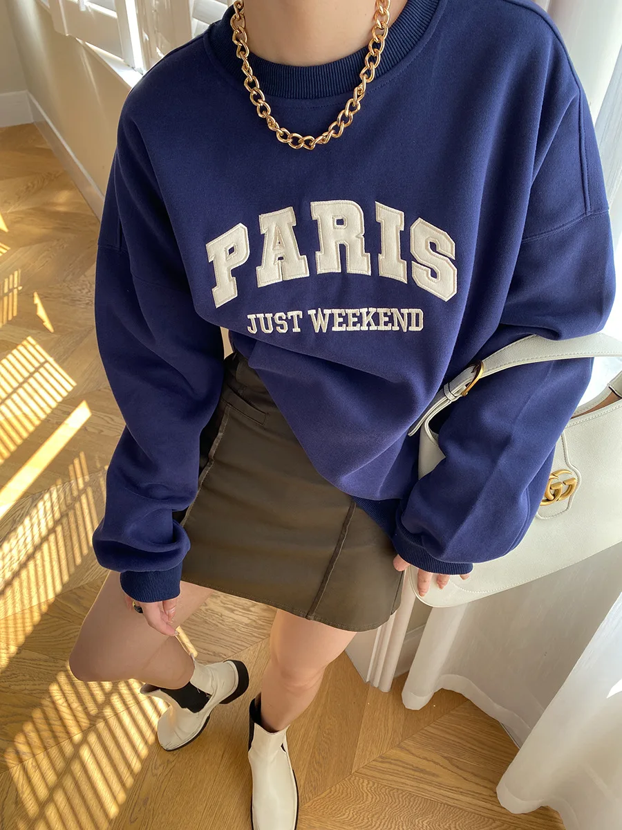 Paris Embroidery Winter Sweatshirt White Casual Loose Cotton Pullover Hoodie Round Neck Fahsion Versatile Tops Woman 2024 New