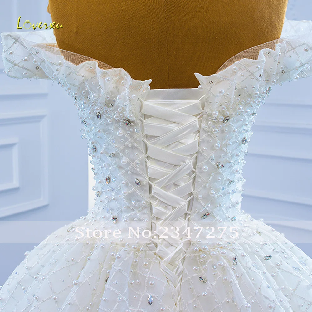 Loverxu-line suknie ślubne księżniczki Sweetheart Off The Shoulder Vestido De Novia koronkowa zroszony kryształowa suknia ślubna szyta na zamówienie