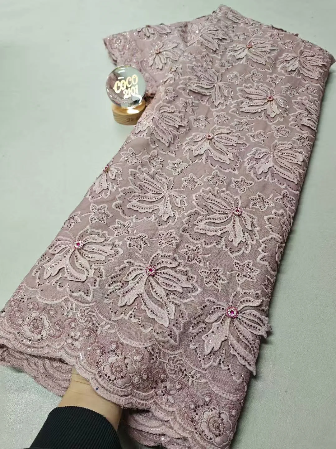 

2026 High-Quality Africa Nigerian Sequins Cotton Embroidery Lace Fabric Tulle for Wedding Party Dress Chiffon XL160 5 Yards