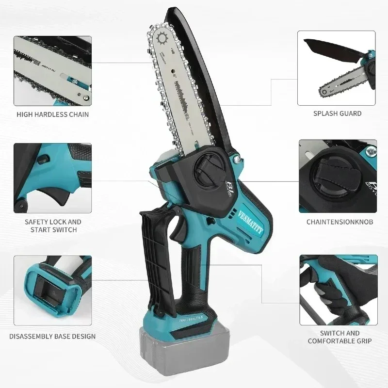 6 Inch Chain Saw Electric Saw Handheld Portable Chainsaw Wood Logging Garden Pruning Wood Power Tool For 18V-20V Battery