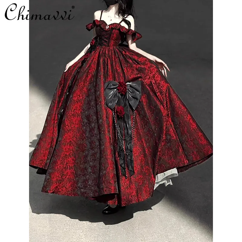 

Black and Red Lolita Flower Wedding Gorgeous Birthday Dress Lolita Elegant Princess High Waist Elegant Party Long Dress Women