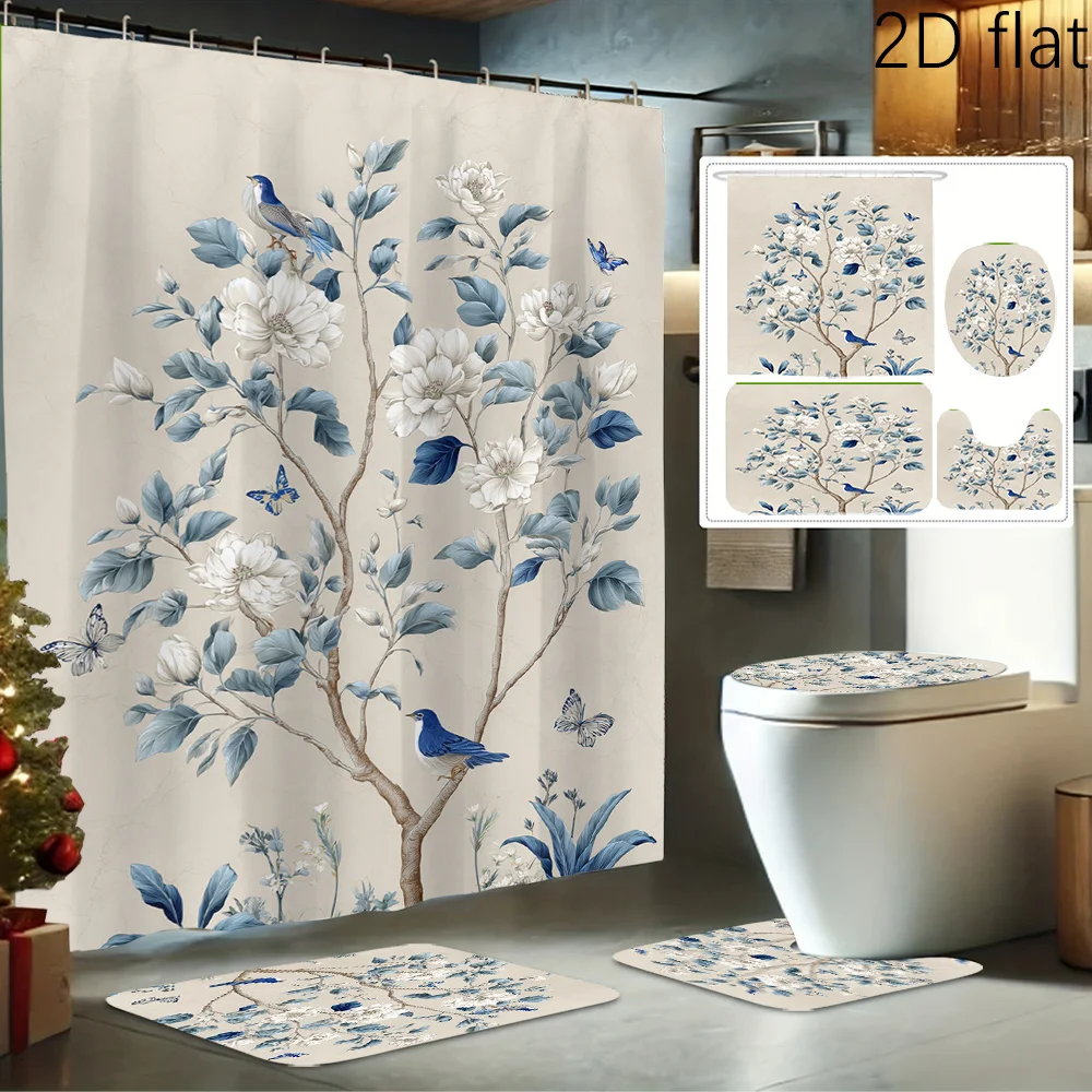 

2D Flat 4pcs Serene Floral Bird Print Shower Curtain Set, Bathroom Decor Kit Includes Shower Liner, Non-Slip Mat, Toilet