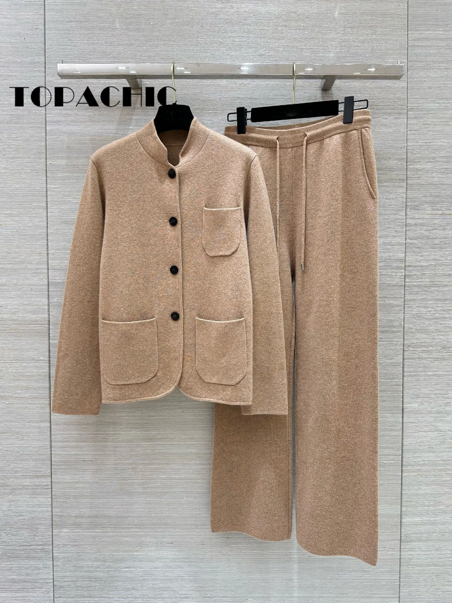 8.22 TOPACHIC Women Cashmere Knit 2 Piece Set Stand Collar Three Pocket Single Breasted Cardigan Or High Waist Straight Pants