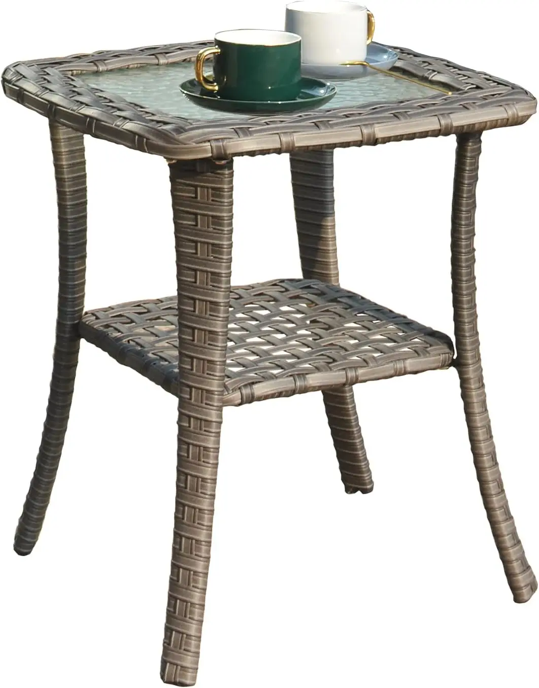 

Outdoor Patio Wicker Coffee Table Patio Tables with Tempered Glass Top Rattan Steel Frame Square End Table for Yard Deck Porch