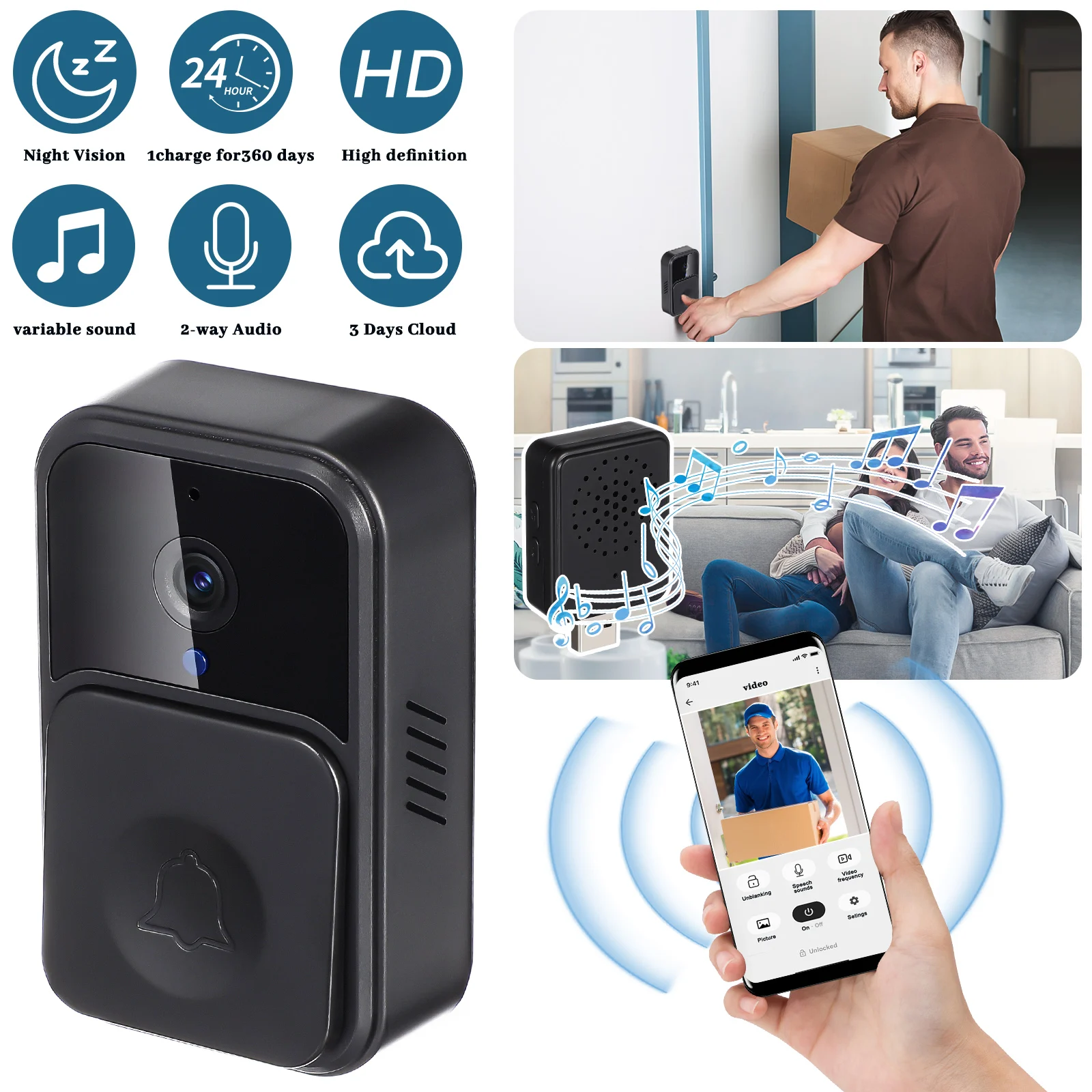 

Video Doorbell Wireless Camera for Home Office Night Vision Rechargeable Long Lasting Easy Install Wifi