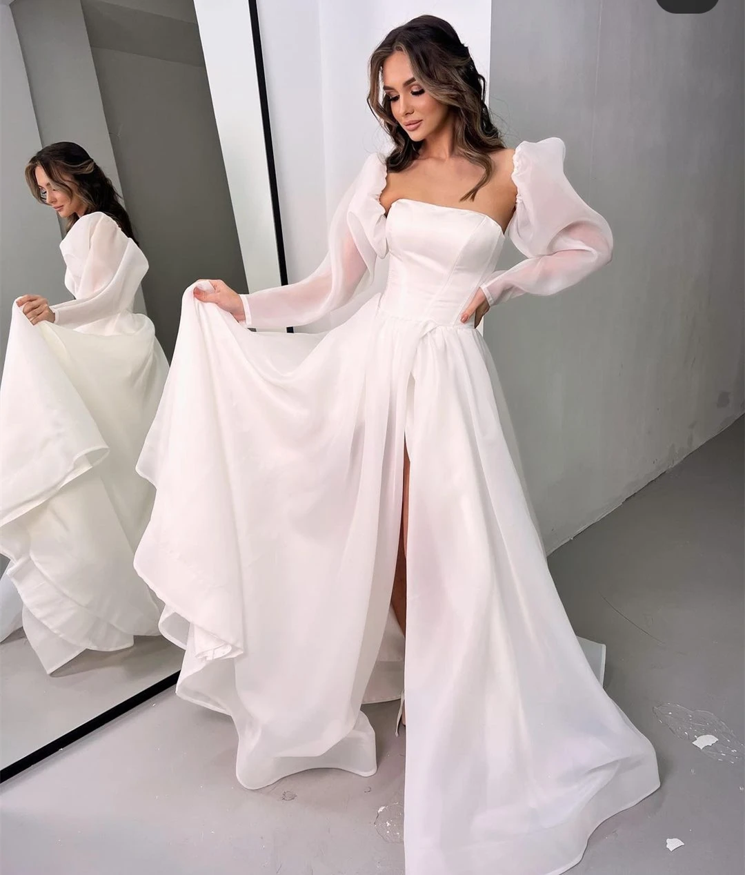 Puffärmel A-Linie Spaghettiträger Brautkleid 2025, bodenlange Brautkleider, hochwertige rückenfreie Robe De Mariee, Weiß