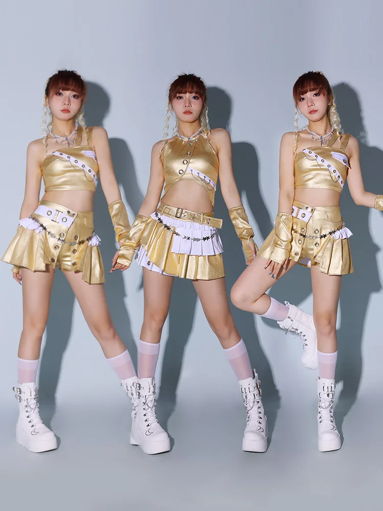 Trajes de trupe feminino, novos trajes de dança coreanos dourados, trajes de líder de torcida de grupo, trajes de dança de jazz