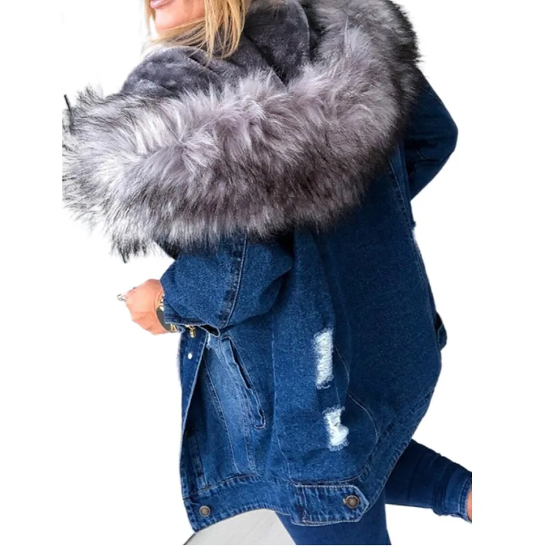 Winter Fur Jacket Women Denim Coats Faux Hooded Jean Thick Long Sleeve Frayed Overcoat Outwear Vintage Cotton Female Coat