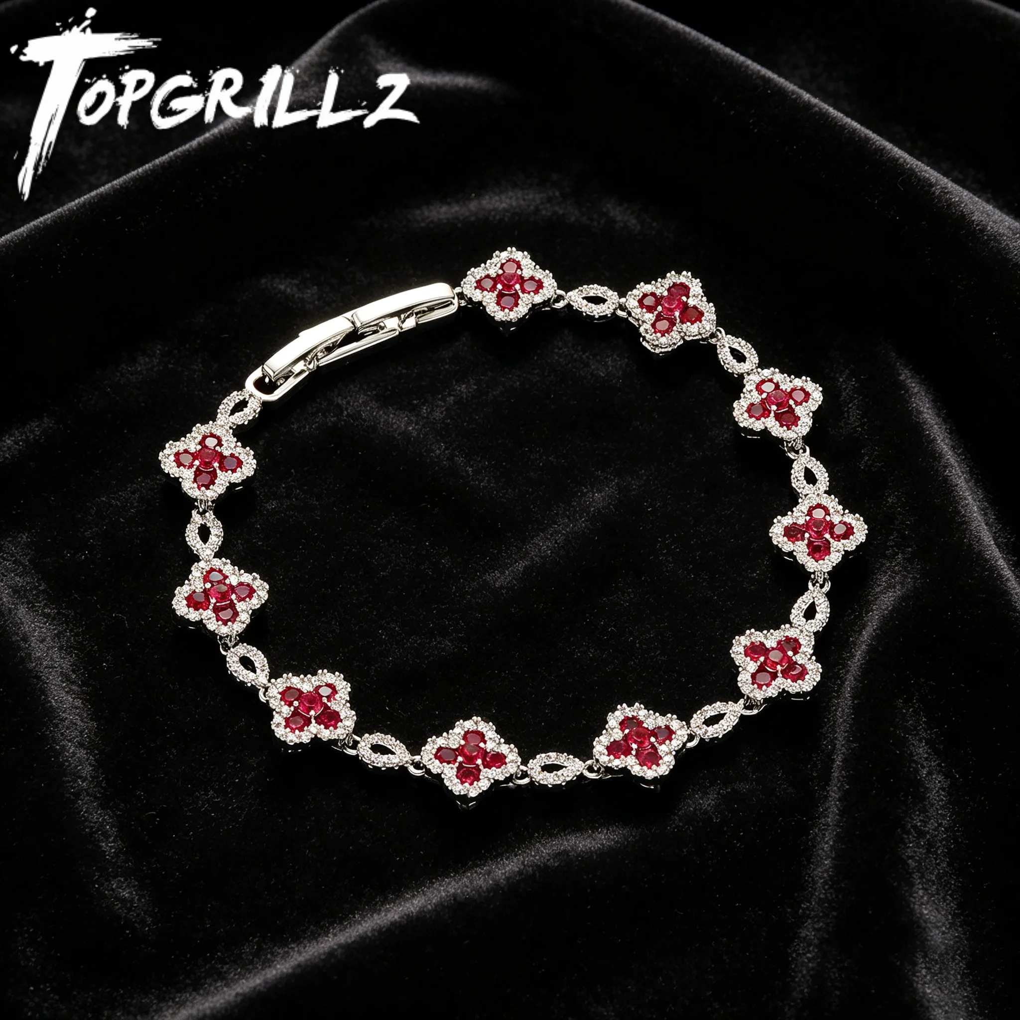 Браслет TOPGRILLZ French Luxury Platinum Plated Copper Y2K с четырехлистным клевером, винно-красный, с фианитами, в стиле хип-хоп, подарок для мужчин и женщин