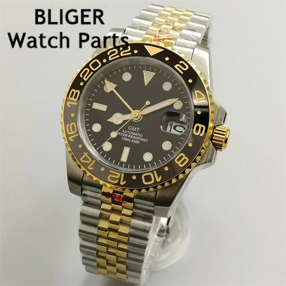 BLIGER NH34A 100M Waterproof 40mm Gold GMT Function NH34 GMT Automatic Men Watch Steel Bracelet Sapphire Glass Green Luminous