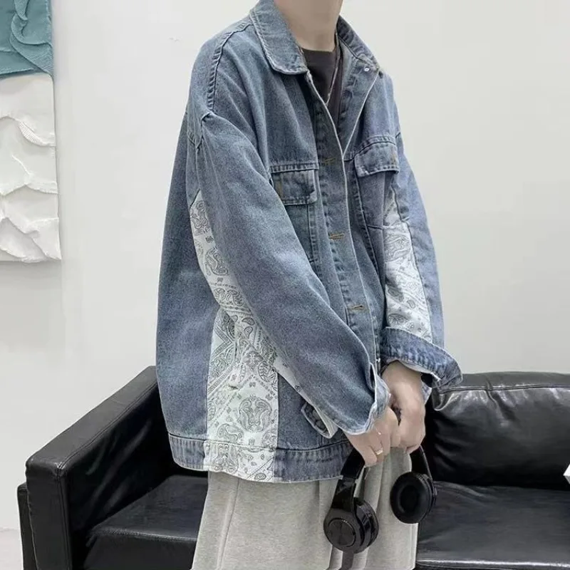 

Color Contrast Loose Male Jean Coats Aesthetic Fashion Size L Worn Korean Popular Clothes Lxury Trendy Rock Men's Denim Jacket