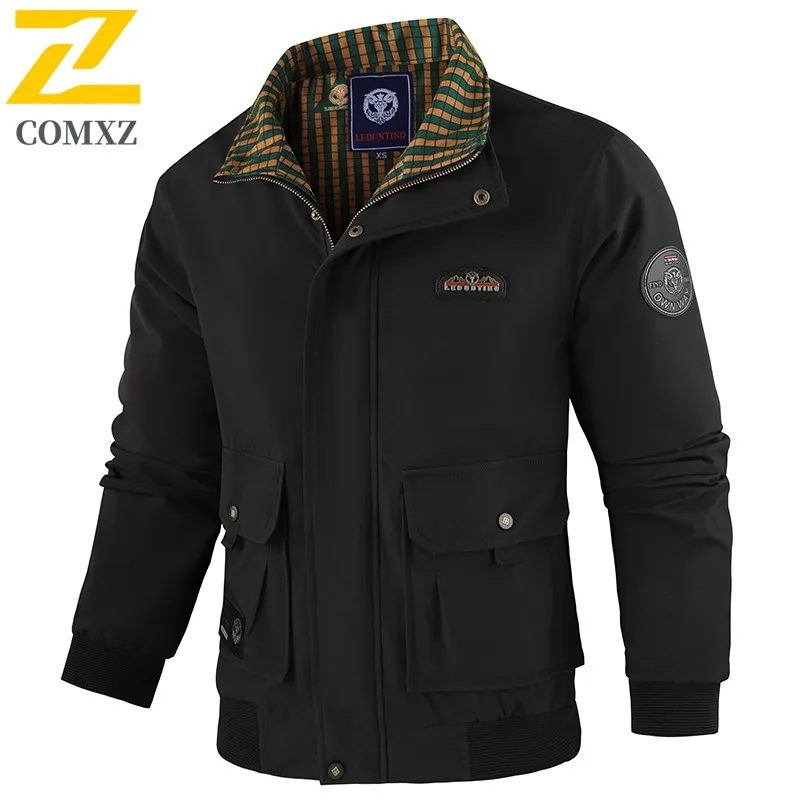 COMXZ Embroidered Stand Collar Jacket Men Trendy Streetwear Handsome Casual Hooded Coat Multi Pocket lightweight windbreaker
