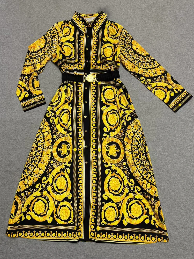 Designer-Kleid im Retro-Stil mit geometrischem Muster, Reverskragen, Taillenbindung und lockerer Passform für Damenmode im Frühling, Übergröße Hemdkleid