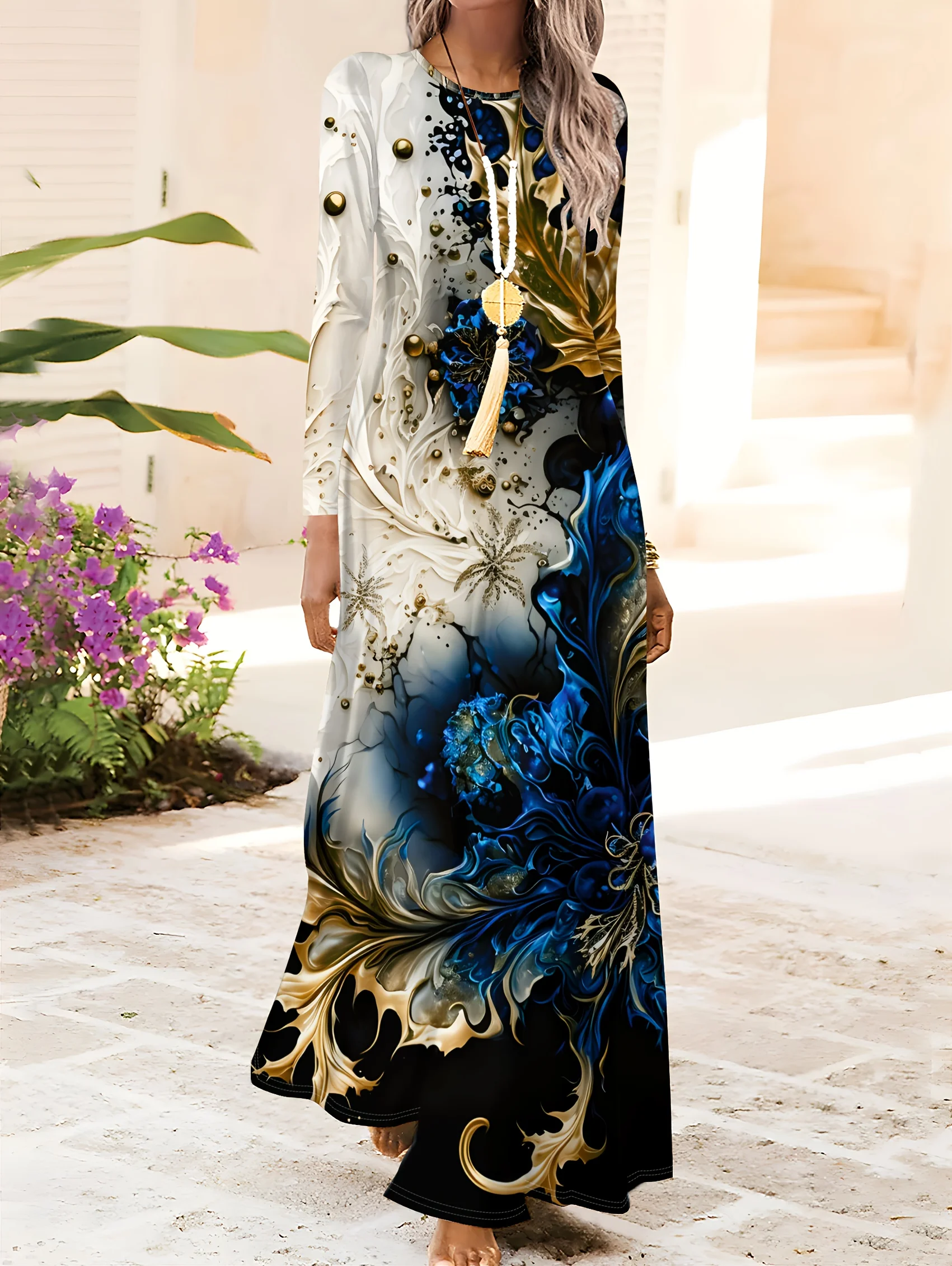 Damenkleid mit langen Ärmeln und Rundhalsausschnitt, Urlaubsstil, abstrakter, unregelmäßiger Druck, Midikleid, lässiges Sommerkleid, fließende Ärmel