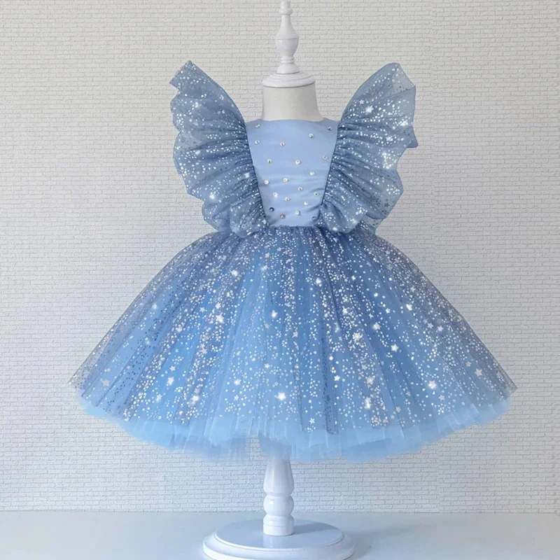 Toddler Baby Girls Luxury Star Sequins Flying Sleeve Bow Princess Dress For Infant 1st Year Birthday Baptism Christmas Prom Gown