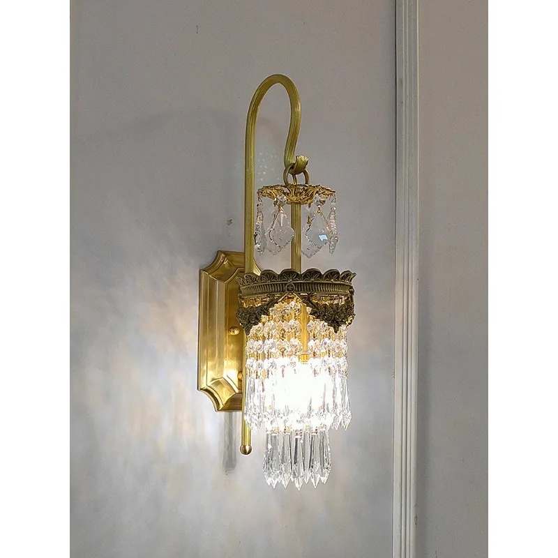 French all-copper crystal wall lamp, living room TV background wall, fringed European crown, bedroom bedside charging copper wal