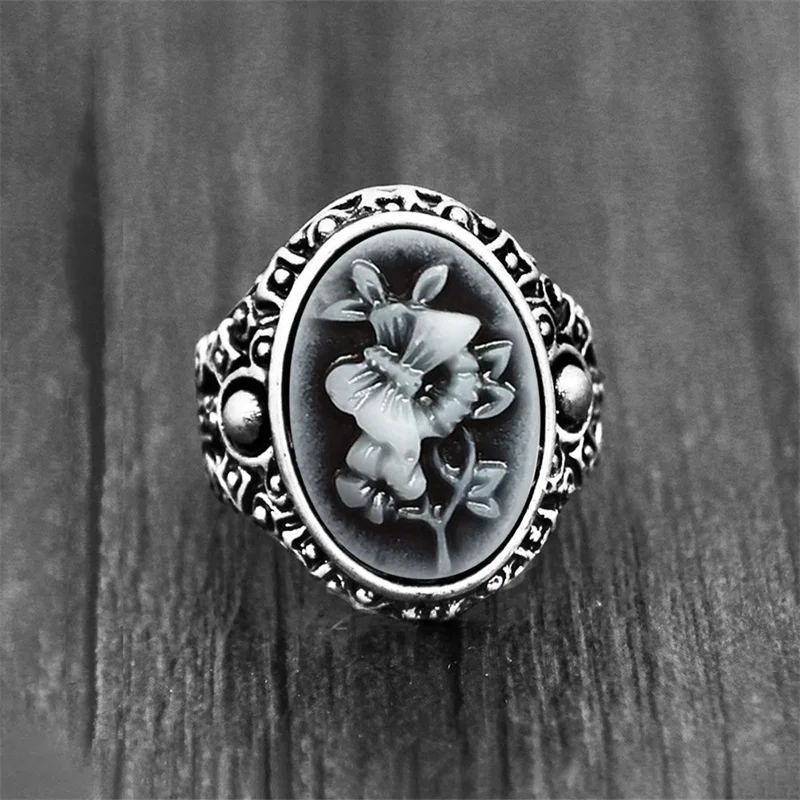 Vintage Butterfly Plant Cameo Rings For Women Antiqeus Silver Plated Fashion Bohemia Cameo Ring