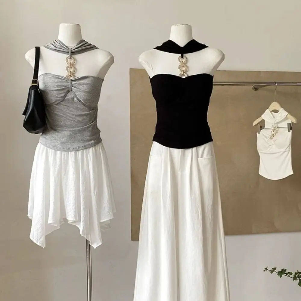 Korean Style Metal Buckle Slim Crop Top Spicy Girl Style Thin Women's Halter Vest Top Short Y2K Sleeveless Camisole Summer