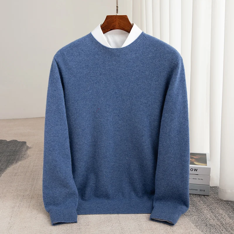 Autumn And Winter 100% Pure Wool Men's Thick Round Neck Slim-Fit  O-neck Pullover Long-Sleeved Knitted Cashmere Sweater 