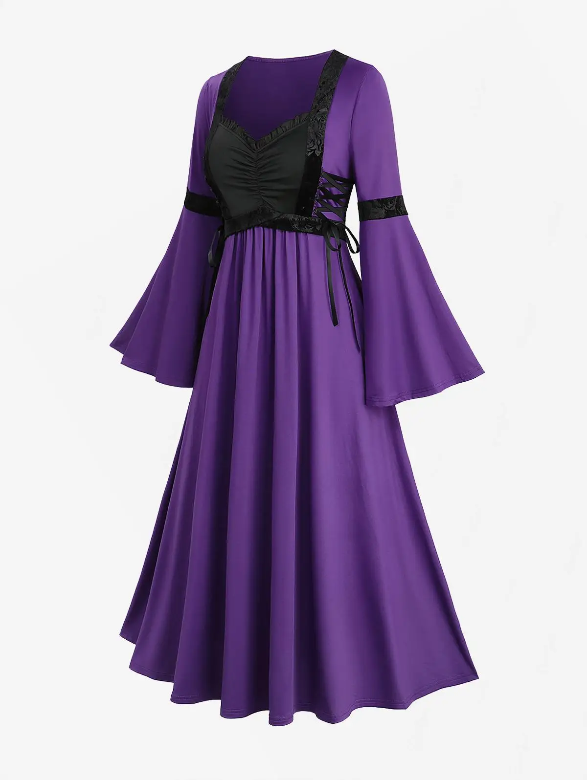 Rosegal plus size vintage midi vestido com mangas alargamento rendas ruched dois tons retalhos detalhe 2025 vestidos femininos de outono