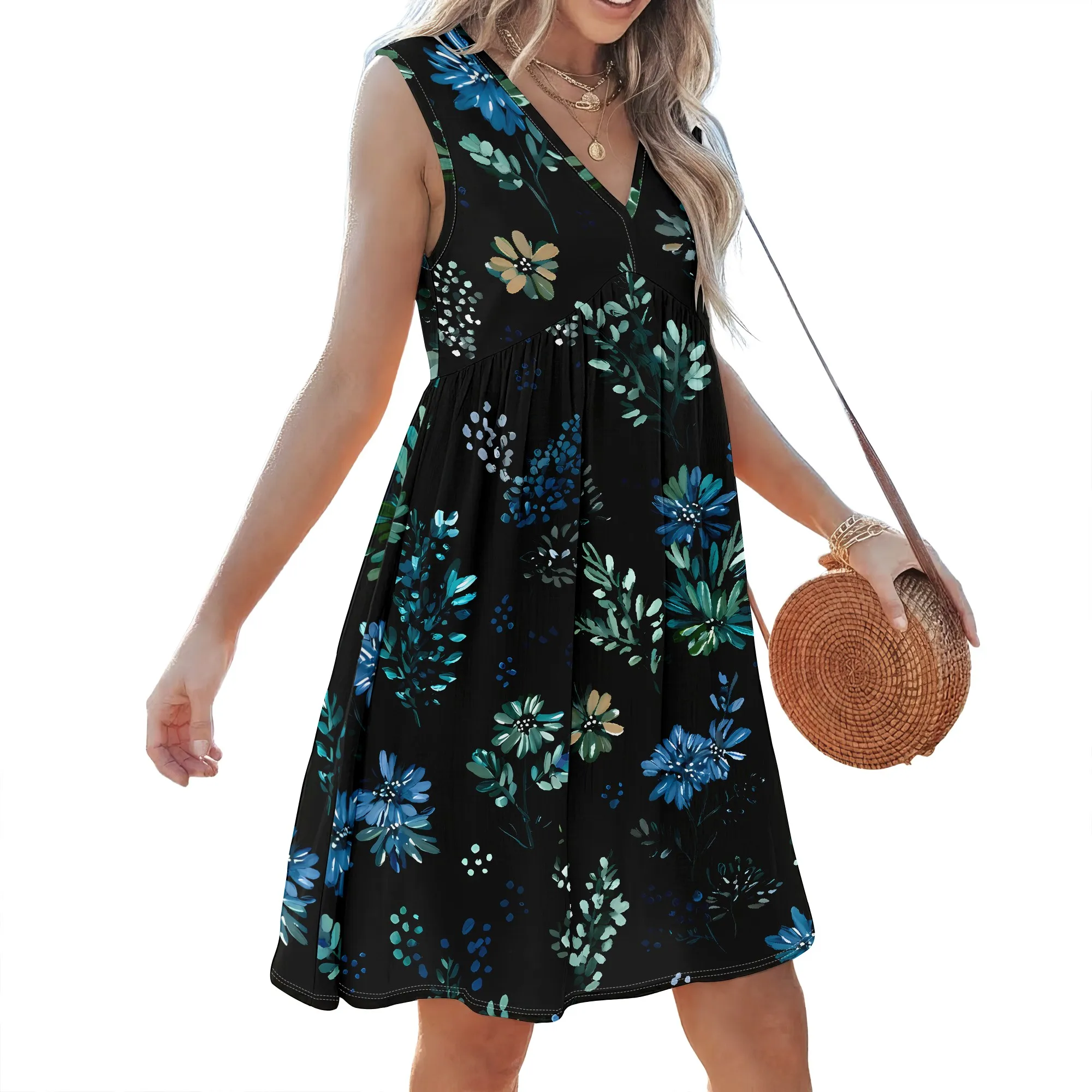 Floral Print Sleeveless V-Neck - Sundress Midi Floral 评论和价格