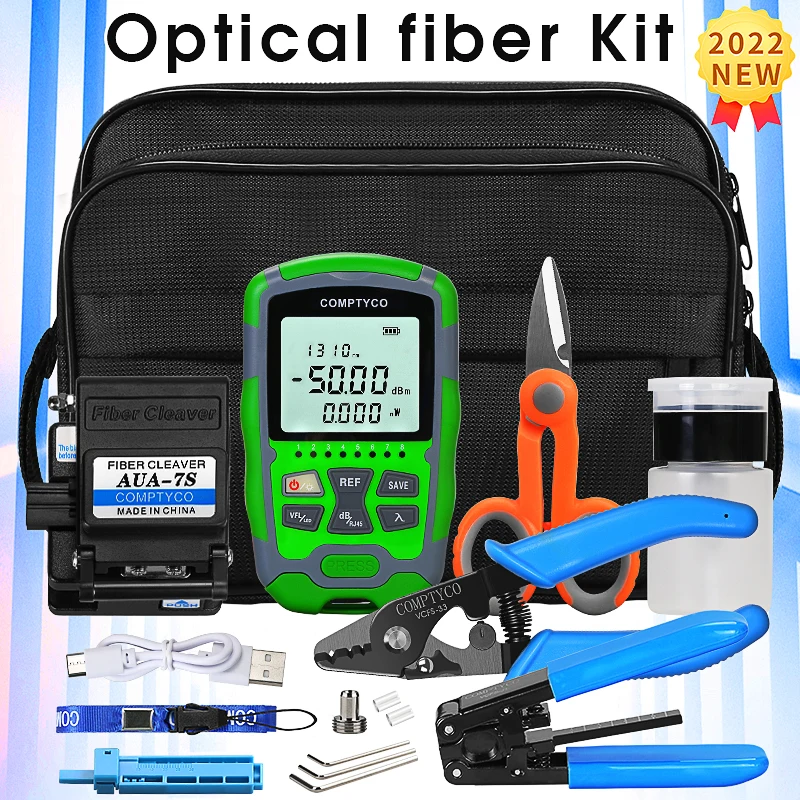 

FTTH Fiber Optic Tool Kit AUA-7S Fiber Cleaver -50~+26/-70~+10dBm 4 in 1 Mini Optical Power Meter with 15mw Visual Fault Locator