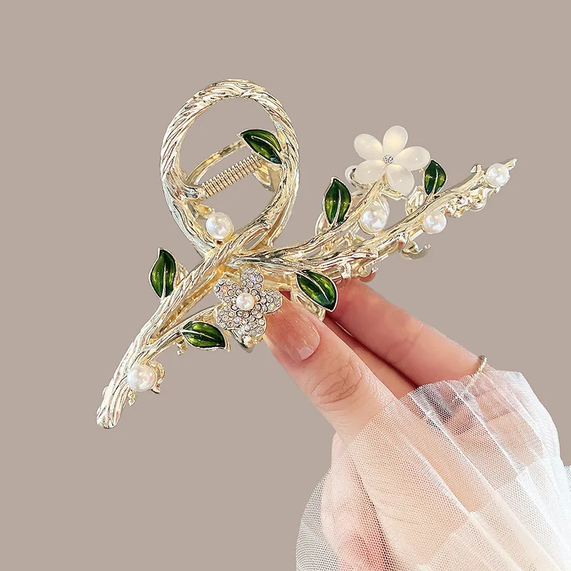 قطعة واحدة من مشبك شعر فرع الزهور للنساء، مشبك شعر عالي الجودة للربيع، مشبك سمك القرش الكبير لظهر الرأس #4