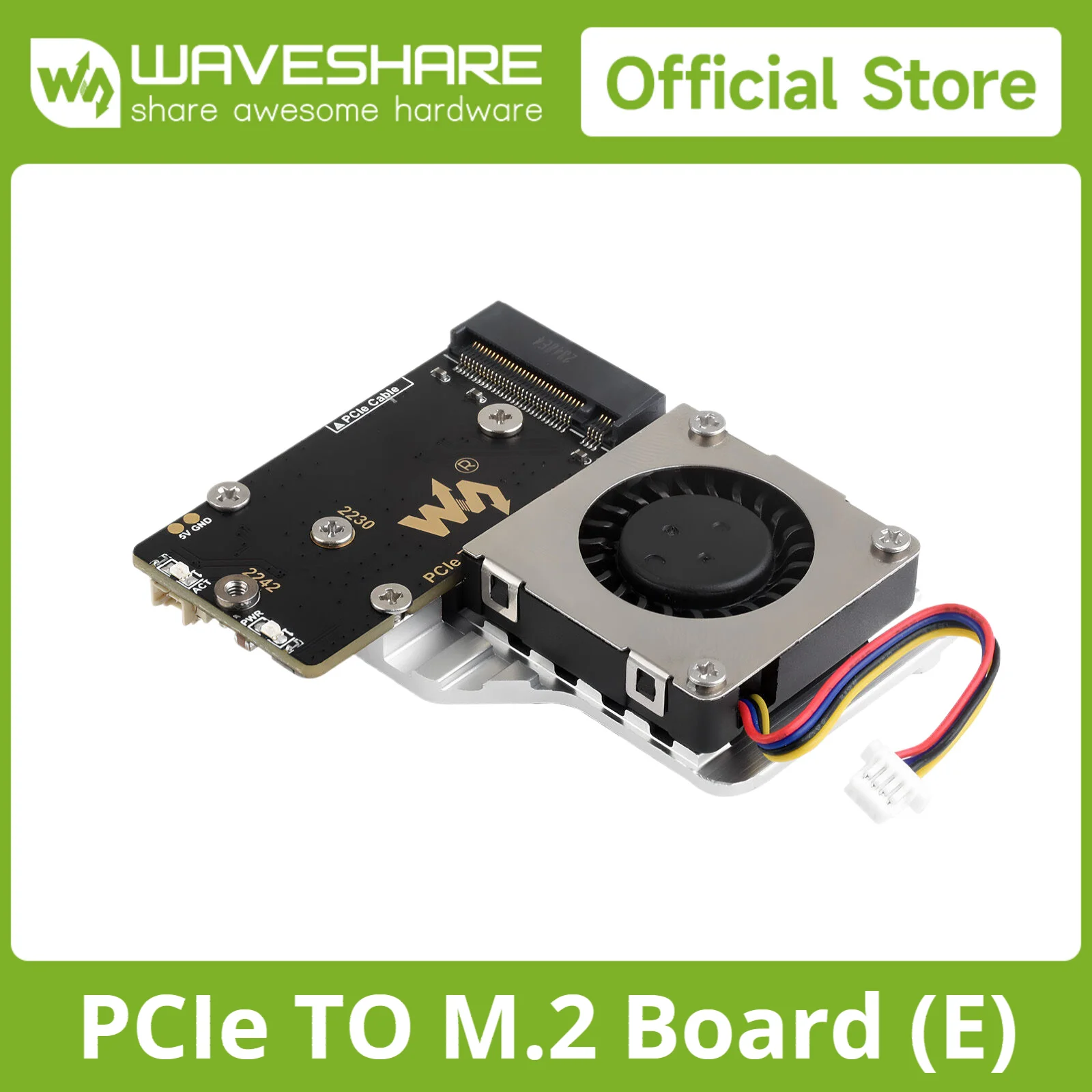 

Waveshare PCIe To M.2 Adapter Board (E) For Raspberry Pi 5, Cooling Fan, Compatible With 2242/2230 Size NVMe Protocol M.2 SSD