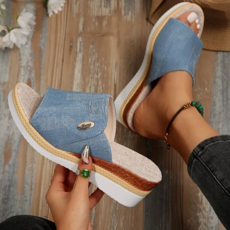 Women Slippers 2024 Summer New Fashion Elegant Cloth Shoes for Women Wedge Peep Toe Platform Slippers Ladies Zapatos De Mujer