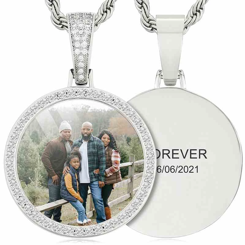 Personalized Custom Picture Pendant Necklace Zircon Inlay Gold Plated Stainless Steel Round Medallion Jewelry Anniversary Gi - view 3